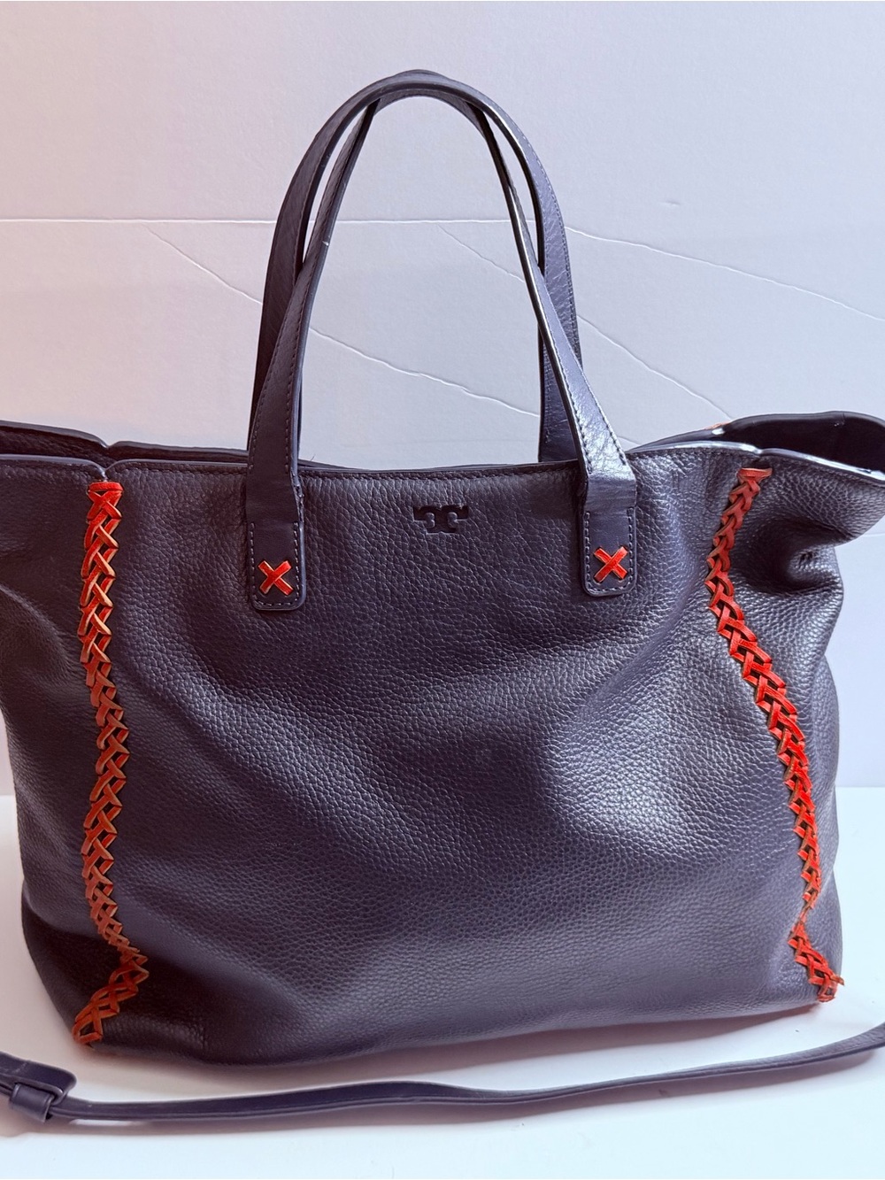 Tory Burch Navy Blue Leather Tote with Red Braided Trim